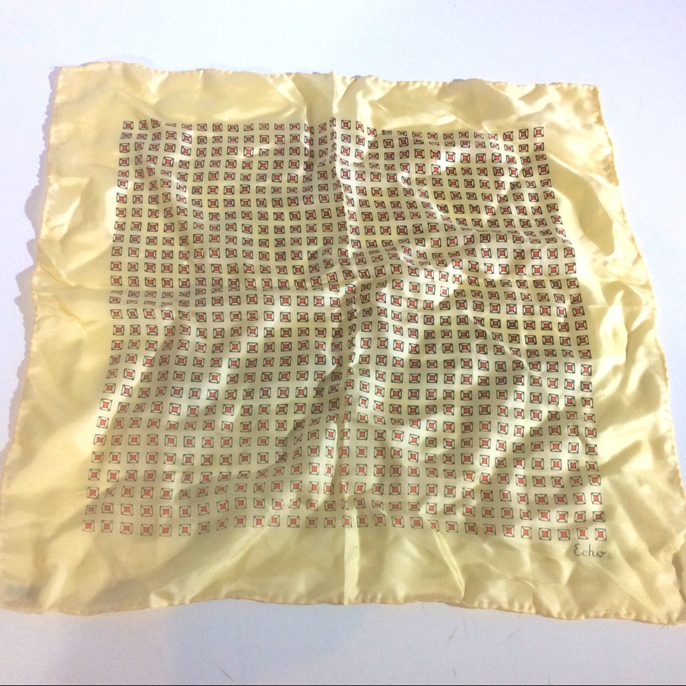 Echo Yellow Orange Grey Square 100% Silk Chinon Satin Scarf Apx 16"Made in Japan